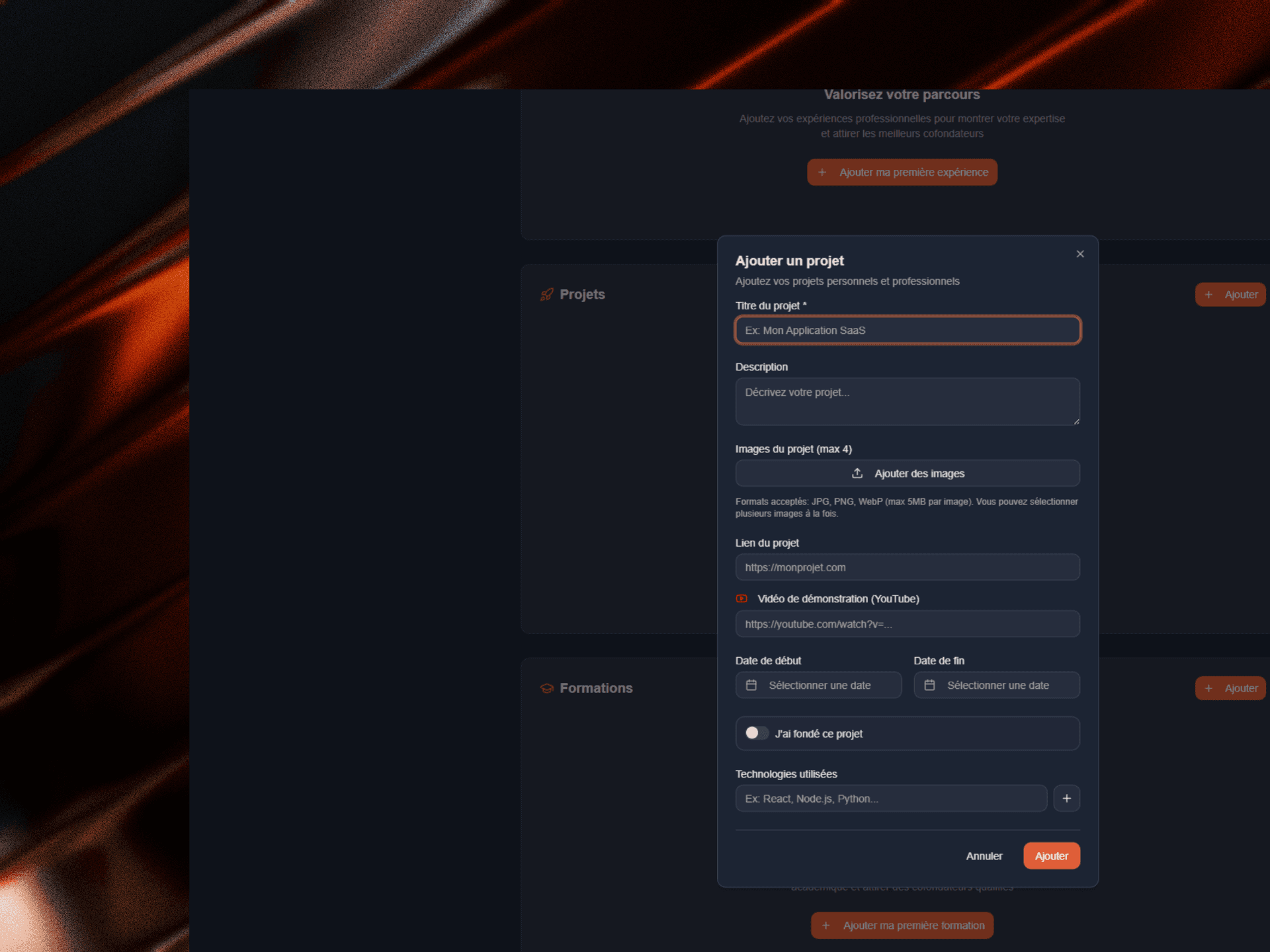 Interface d'ajout de projet Cofoundr